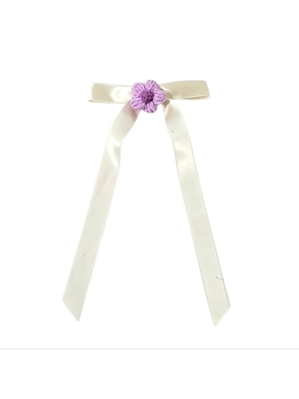 Hand Crafted Ivory Bow with Purple Crochet Flower